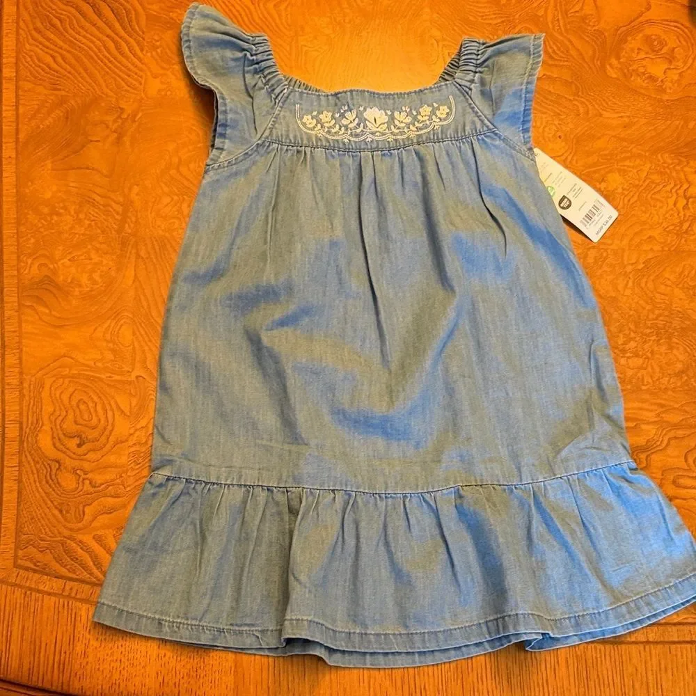 Carter's Light Blue Chambray Ruffle-Hem Dress with Embroidered Floral Design